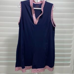 Kinona xxl golf dress sleeveless women’s navy blue with geometric pattern trim.